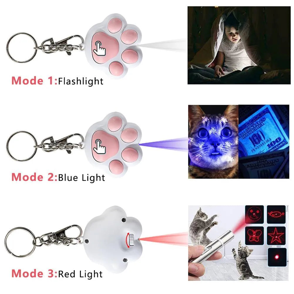 Pink and black infrared teaser toy for cats with key chain, measuring 5cm with USB charging port