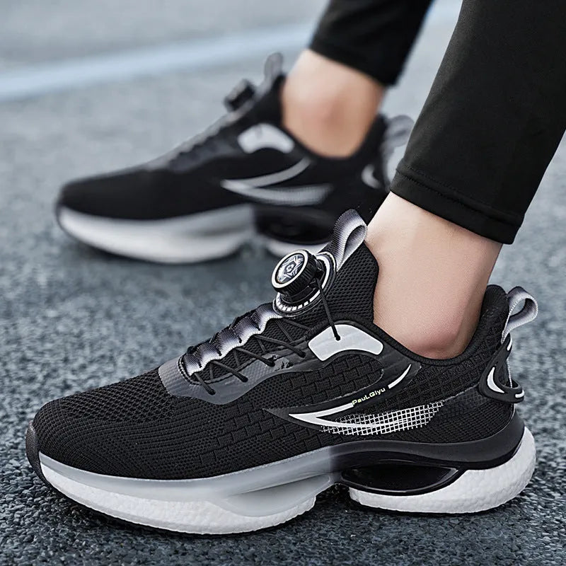 White rotating buckle running shoes with Fly-kit mesh upper and TPU popcorn sole