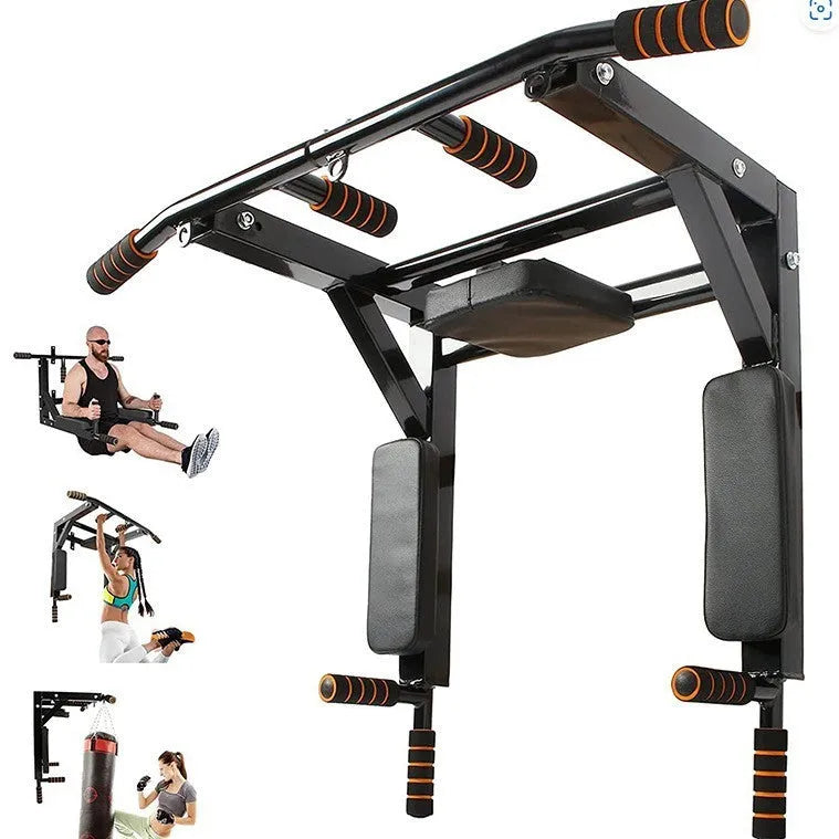 Black wall-mounted fitness rack with parallel bars for pull-ups, dimensions 77cm by 47cm
