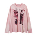 Women's loose pullover top with drop-shoulder sleeves in dark grey, featuring a letter pattern and long sleeves
