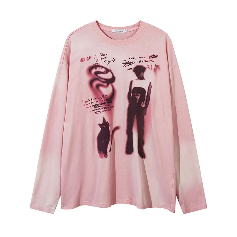 Women's loose pullover top with drop-shoulder sleeves in dark grey, featuring a letter pattern and long sleeves