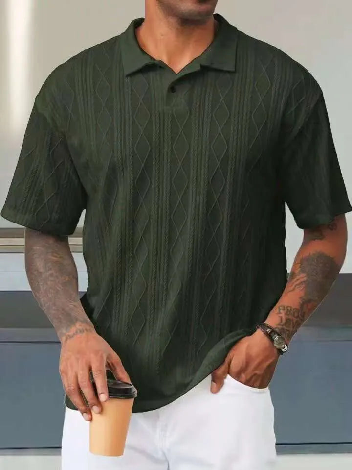 Retro button lapel short sleeve cotton blend T-shirt in solid colour with slit detail