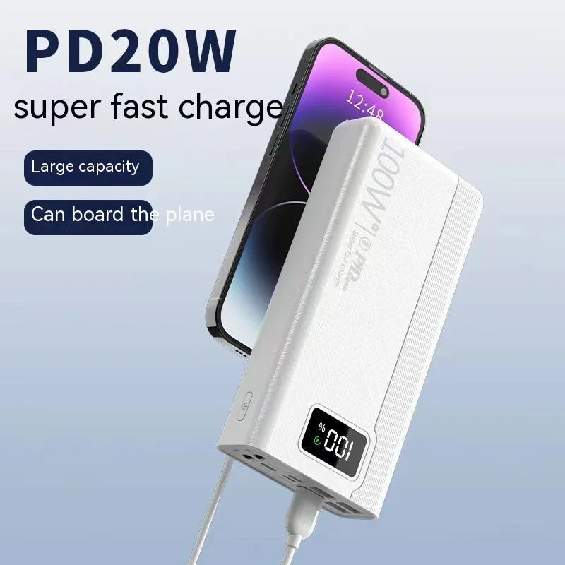 Black or white power bank measuring 150x76mm with capacity options from 20000 to 50000 mAh supporting fast charging