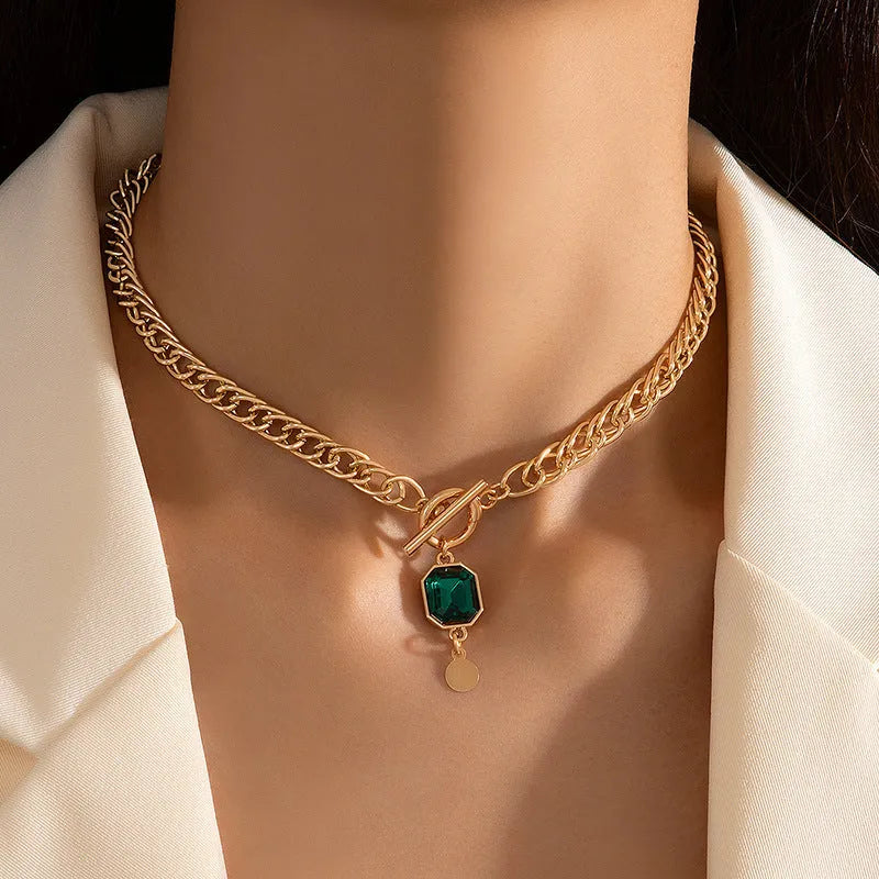 Gold French retro pendant necklace with round zircon stone on adjustable titanium steel chain