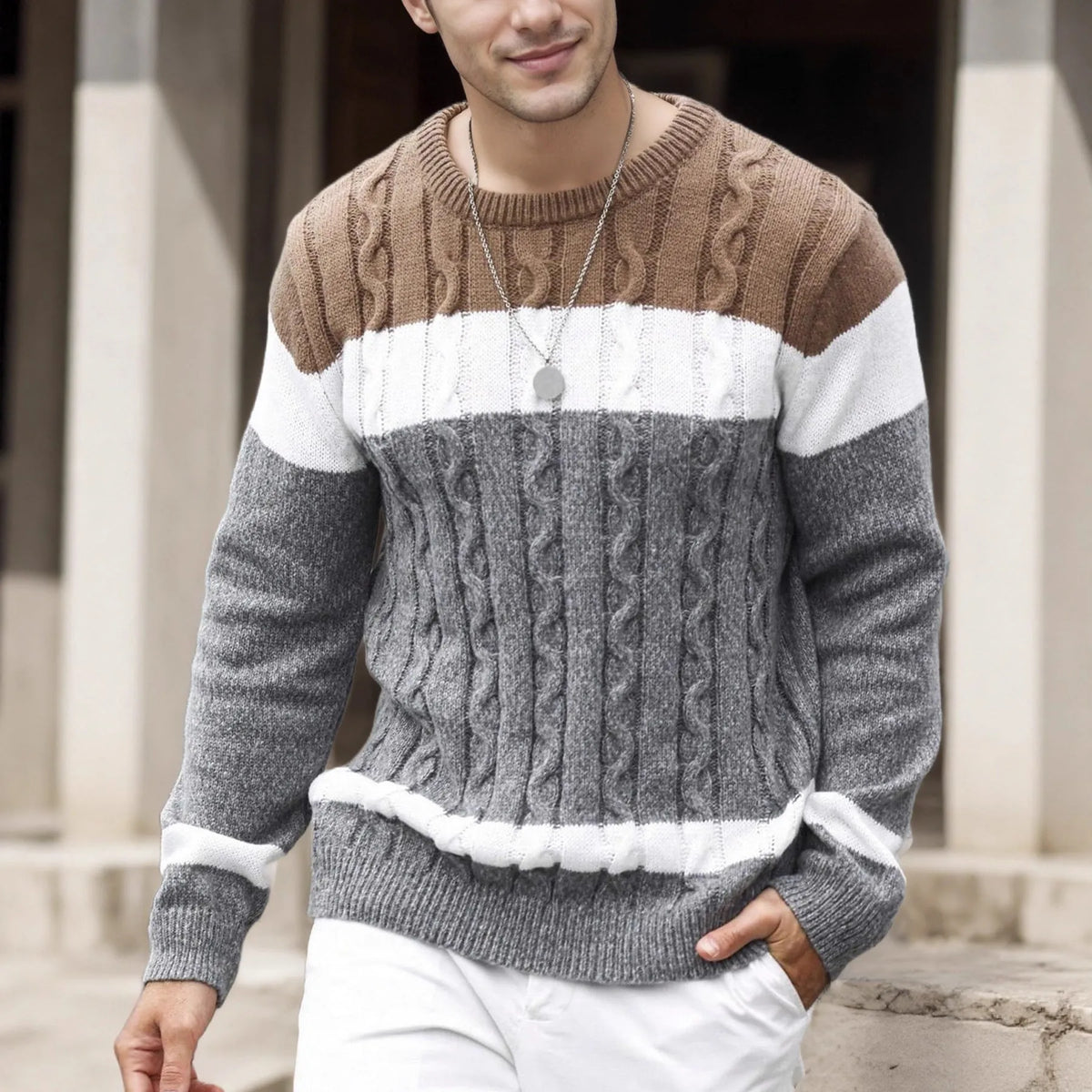 Men's colour-block crew neck pullover sweater in blue red, grey white, or blue white multicolour, loose fit, sizes S-XXL
