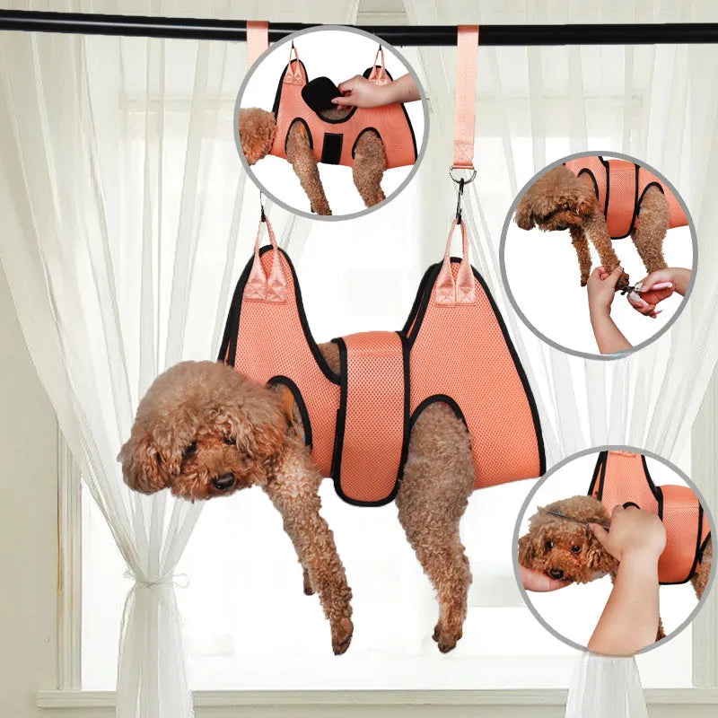 Cat grooming restraint bag with four adjustable openings hanging as a hammock