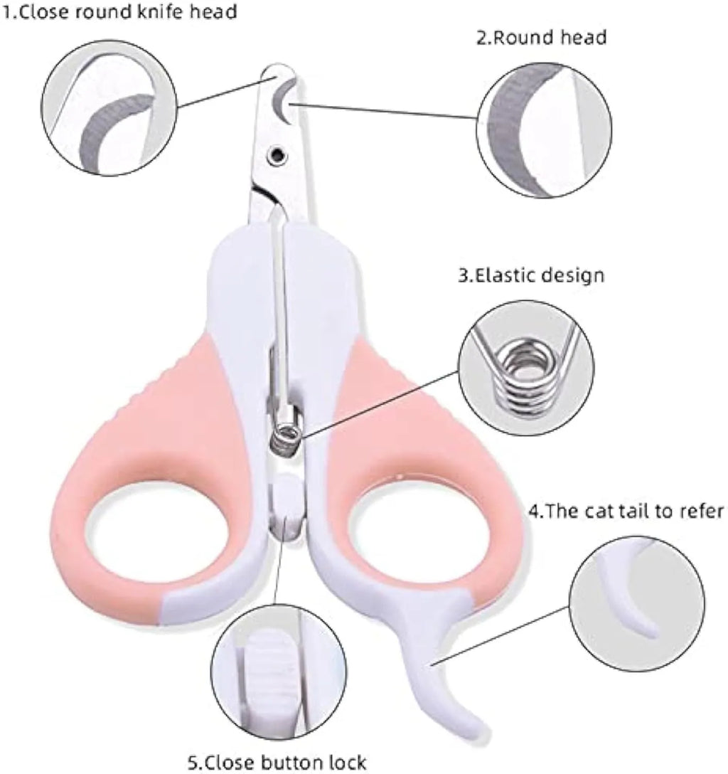 Grey and pink cat nail clippers with angled stainless steel blade and safety guard for pet grooming