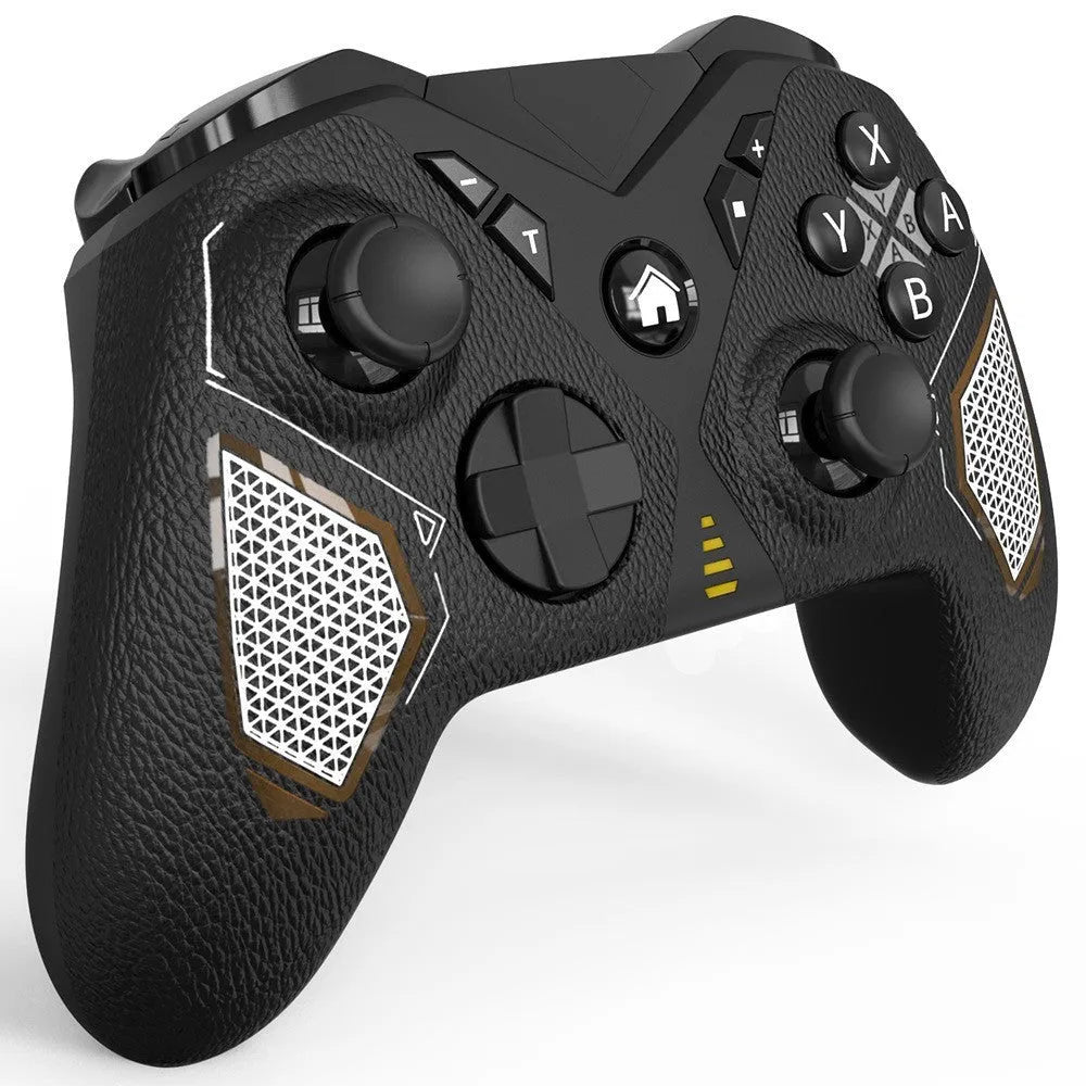 Black wireless game controller with leather pattern texture, dimensions 171x67x136mm