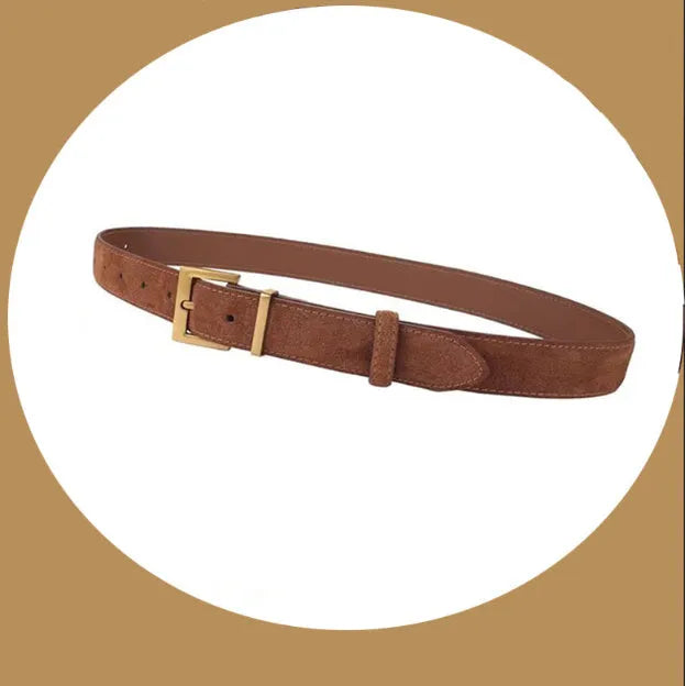 Ladies' genuine leather belt with quadrilateral alloy buckle in black, showing pin buckle fastening and punched leather texture