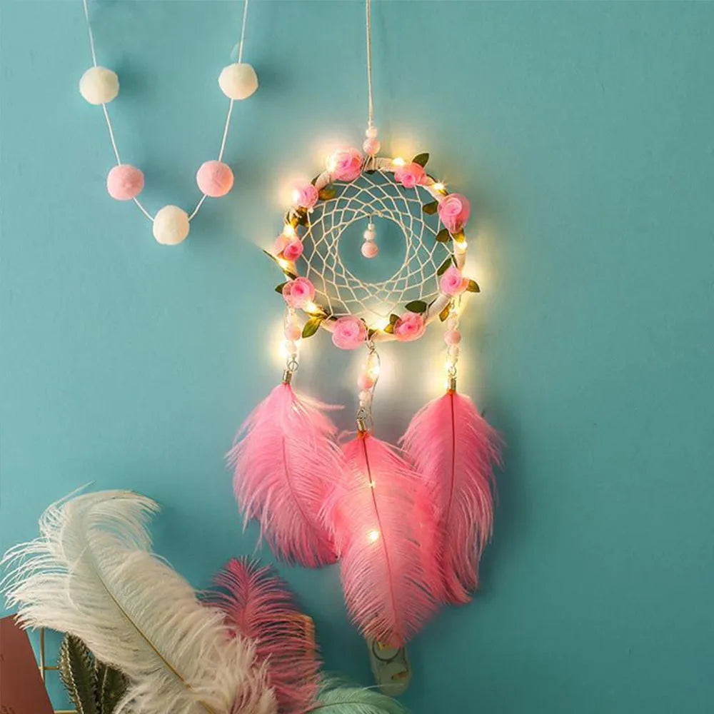 Pink ostrich feather dreamcatcher wind chimes wall decoration measuring 10cm