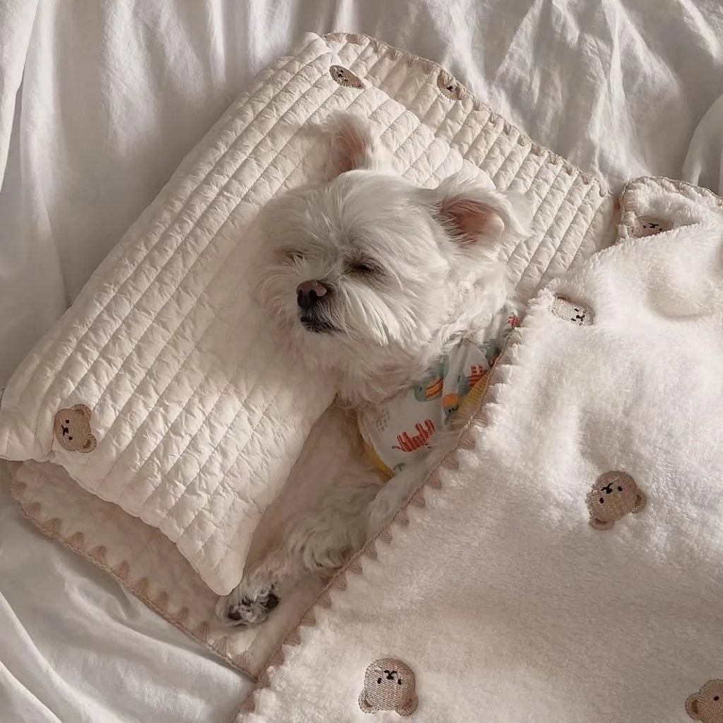 Simple bear pattern dog bed set with square mattress, pillow, and matching comforter