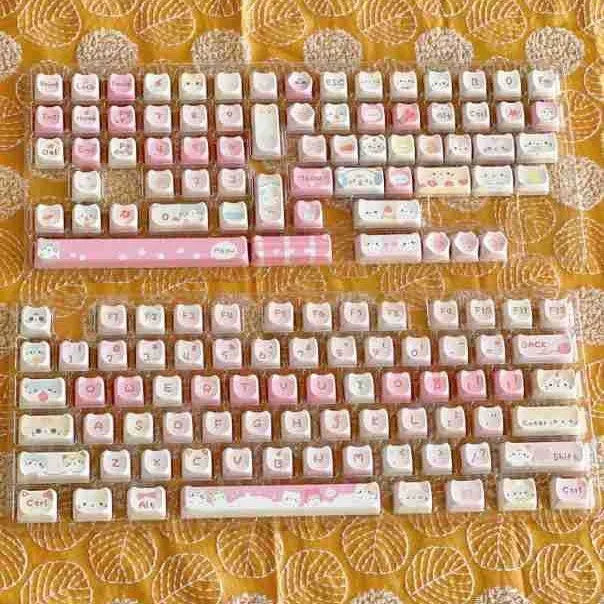 Meow Meow Team 141 key cap set with five-sided sublimation printing shown on mechanical keyboard