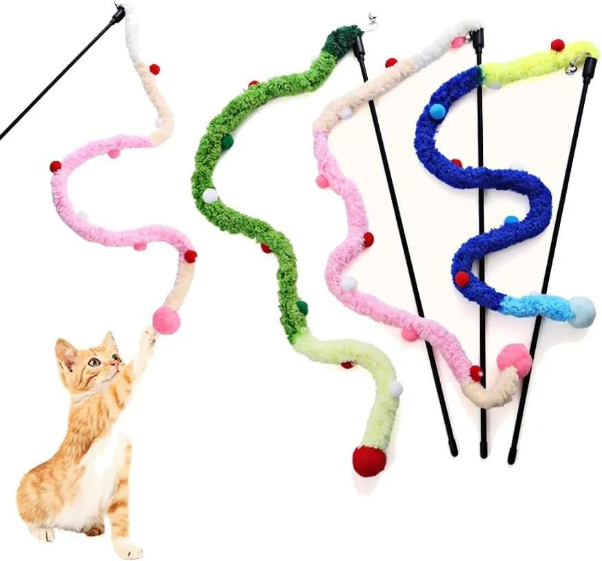 Cat wand toy with blue plush strip, colourful ball, and bells on a 41cm pole for interactive play