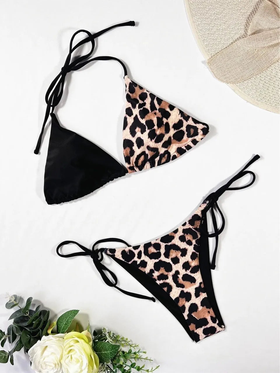 Women's leopard print halter bikini with lace-up detailing in red or black colours