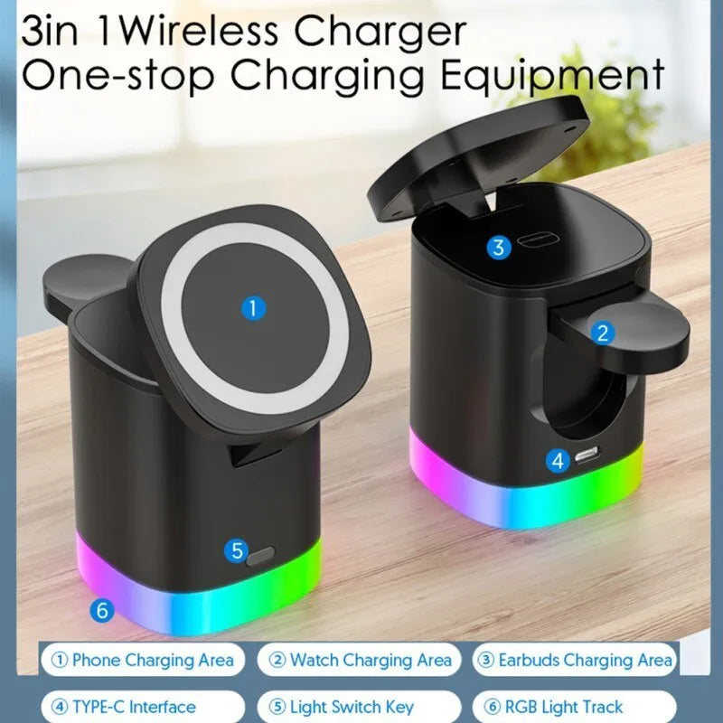 Black 3 in 1 magnetic wireless charging cube showing iPhone, Apple Watch and AirPods charging simultaneously with RGB lights