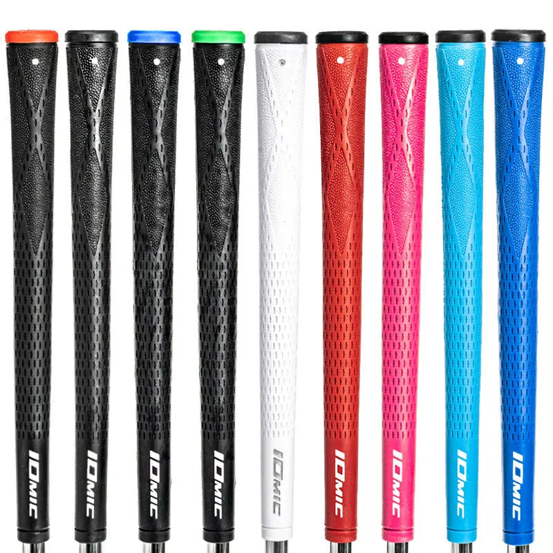 TPE golf club grip showing non-slip texture, available in multiple colours including pink, red, blue, white, and black combinations