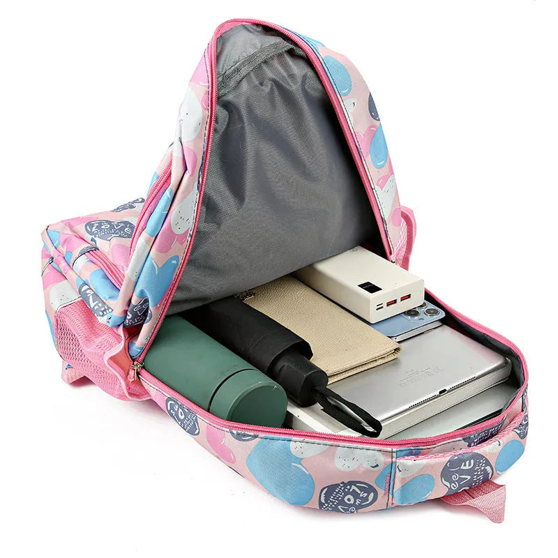 Student backpack with air pillow shoulder straps showing blue colour option and main compartment open