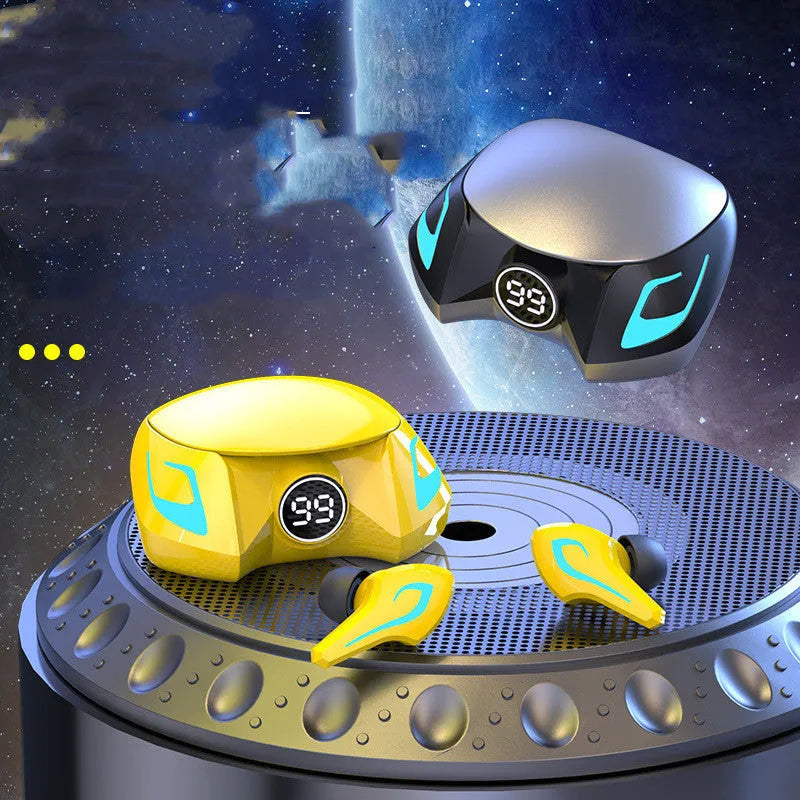 Gaming Bluetooth headset with earplug design in black grey, yellow, or cool black colour options showing wireless earpieces