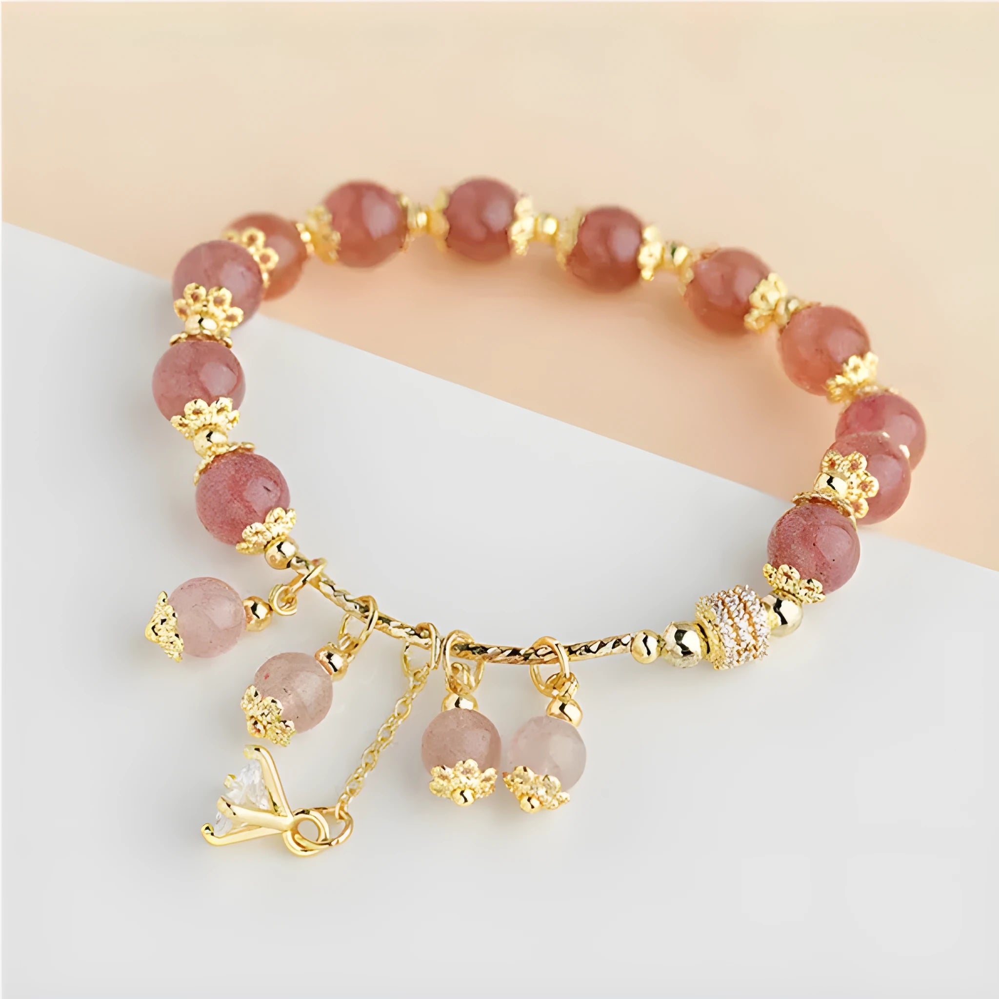 Pink strawberry quartz crystal heart bracelet with pearl beads for women