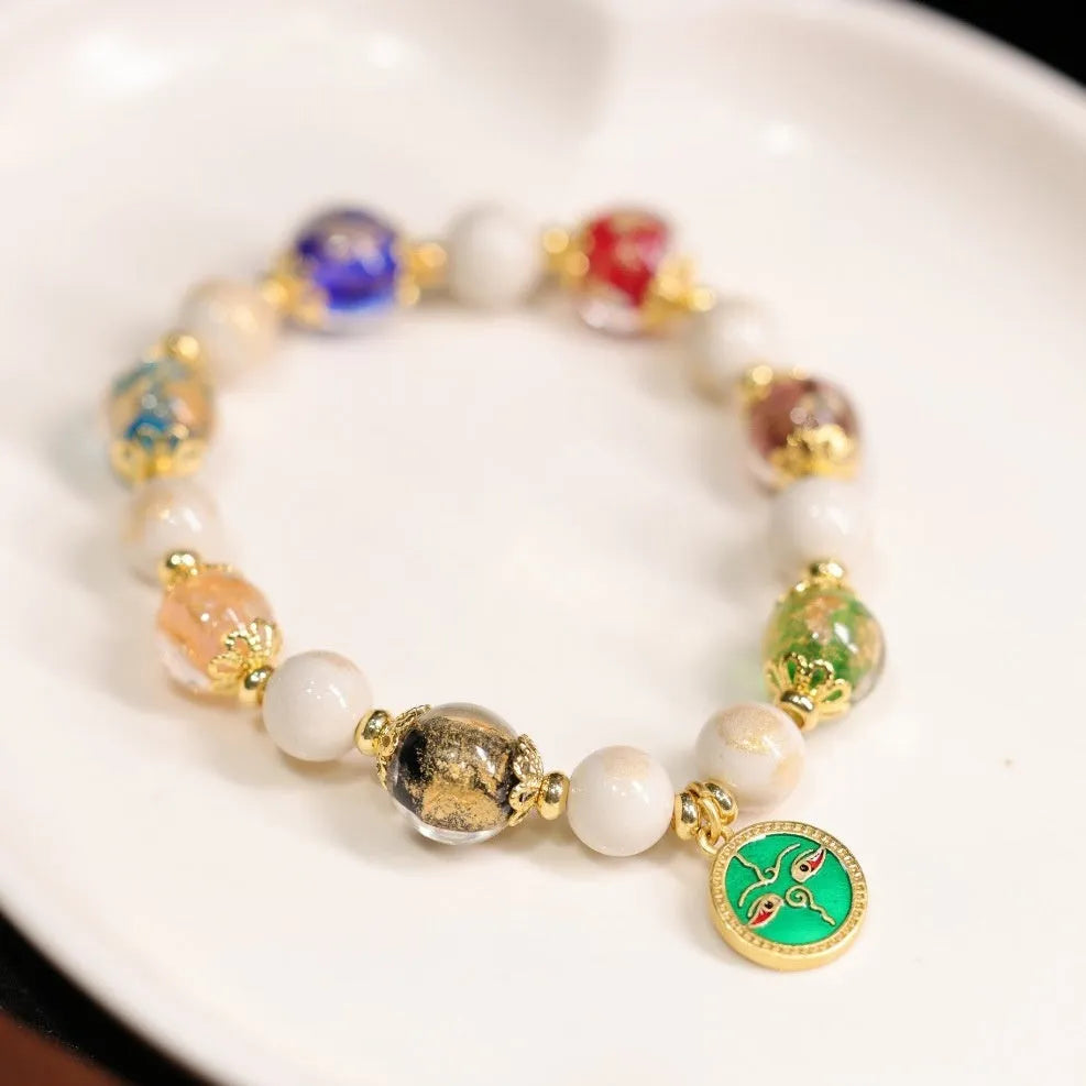 Handmade Five Gods of Wealth glazed bracelet in geometric 10mm design