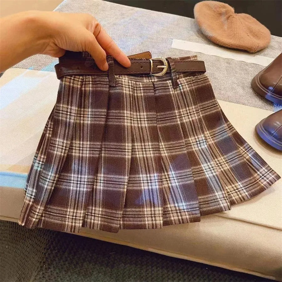 Children's plaid pleated skirt in cotton blend fabric with A-line design for heights 90cm to 140cm