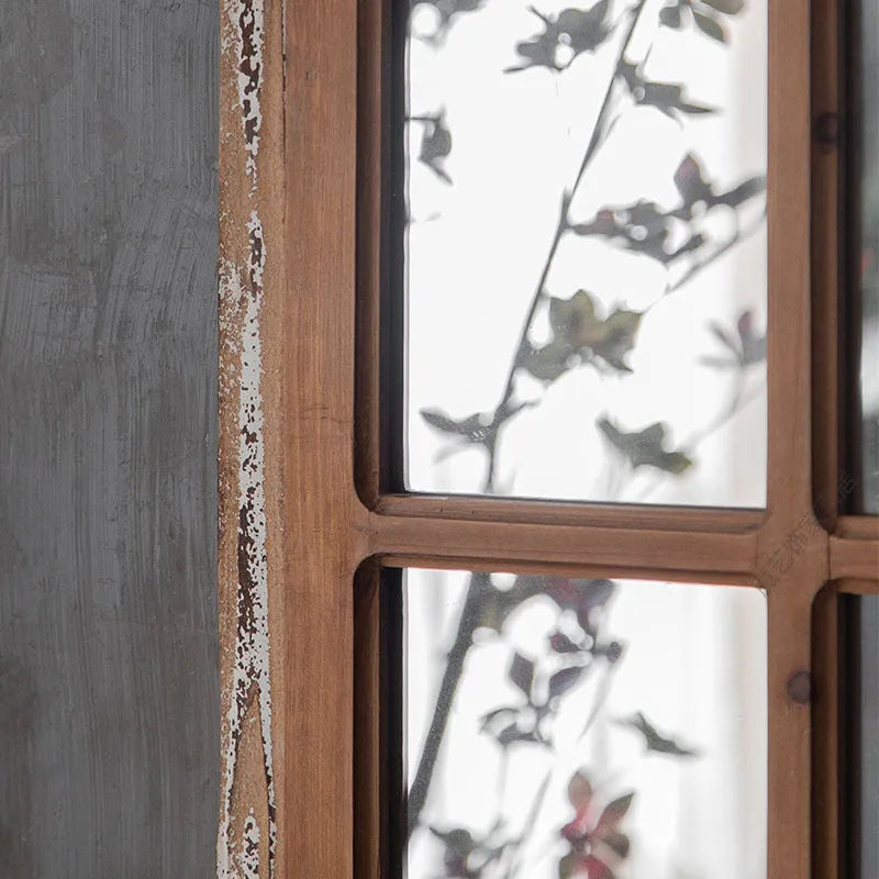 Terrace distressed fake window wall mirror with wooden frame and glass panel in log colour