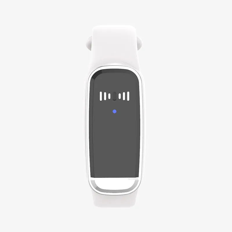 Black and white ultrasonic mosquito repellent bracelet for babies and pregnancy, shown with USB charging cable.