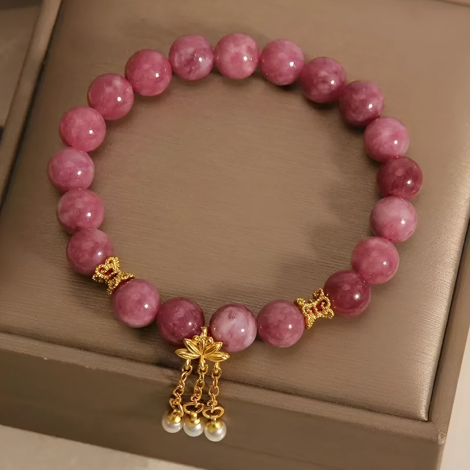 Women's natural stone bracelet with lotus tassel pearl pendant and pink white crystals