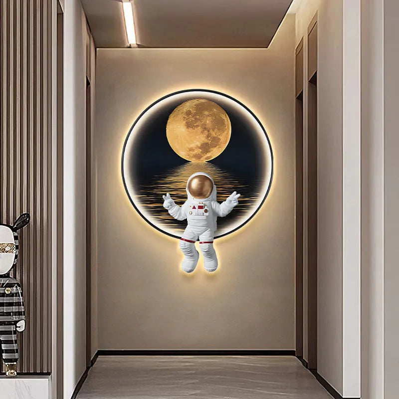 Spaceman-themed canvas wall painting for children's rooms, available with optional integrated USB LED bedside lighting.
