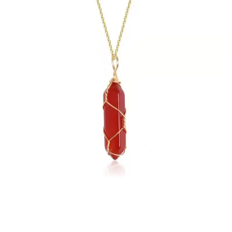 Red crystal hexagonal prism pendant necklace with copper wire winding and water wave chain in gold, white k or black wax cord
