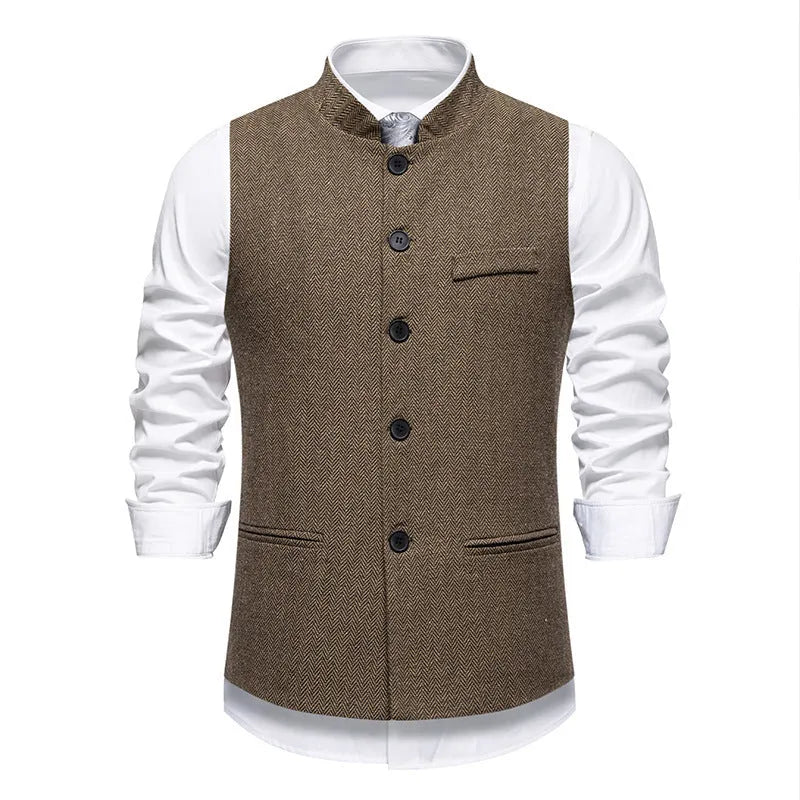 Men's retro stand collar herringbone suit vest, solid colour, polyester blend, sizes S to 2XL