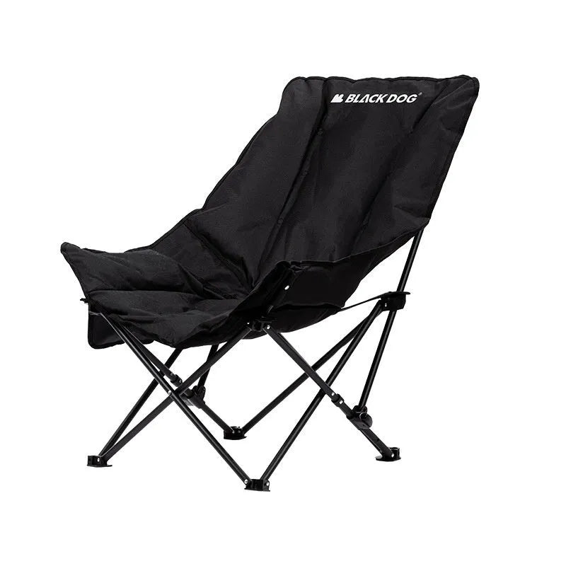 Black folding camping recliner with Oxford cloth seat, shown in outdoor setting