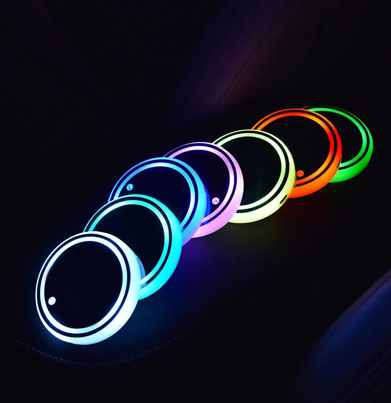 LED light-up car coaster showing 68mm diameter, seven colour options, and USB charging cable