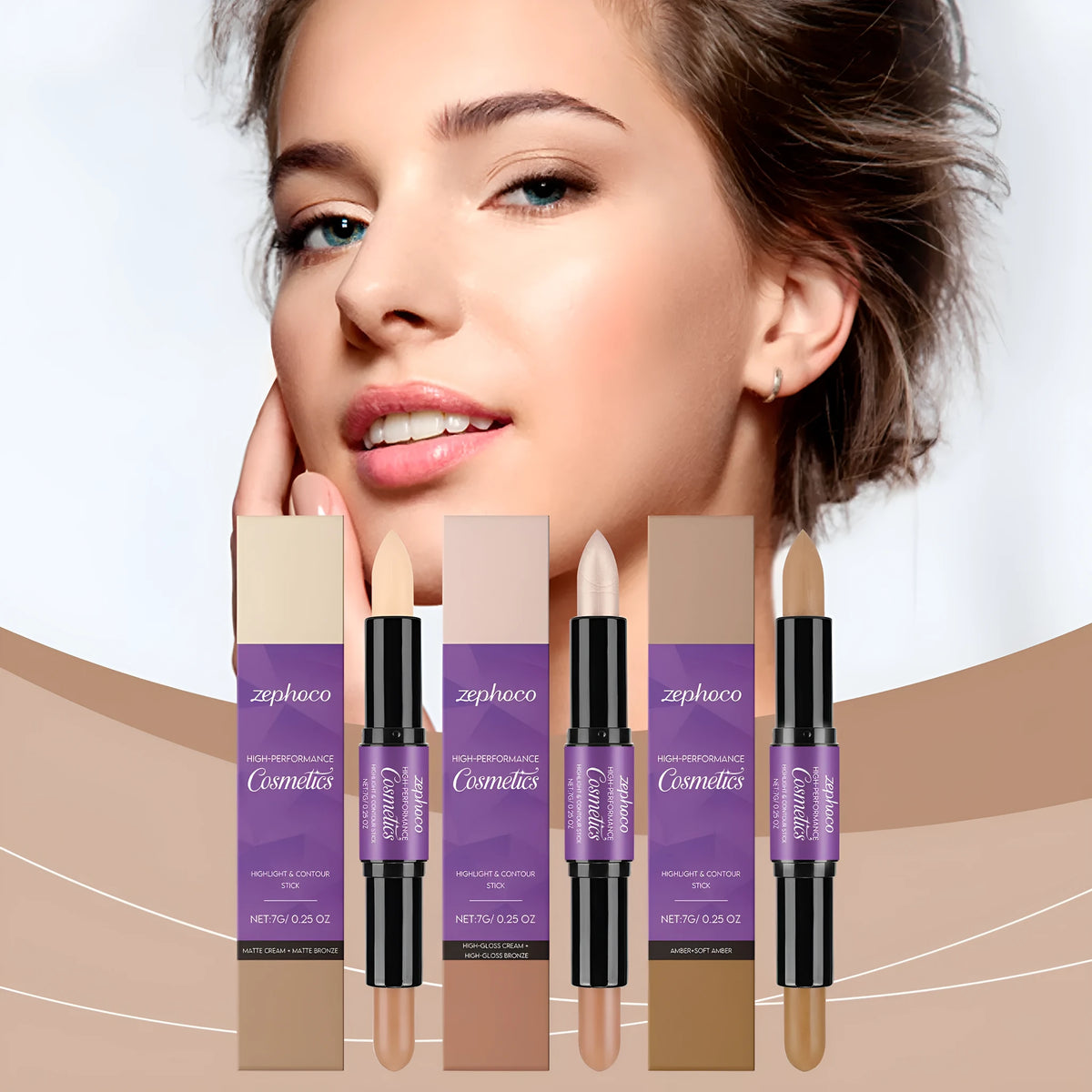 Dual-ended cream highlighter and contour stick for face makeup in matte, amber or high gloss finishes