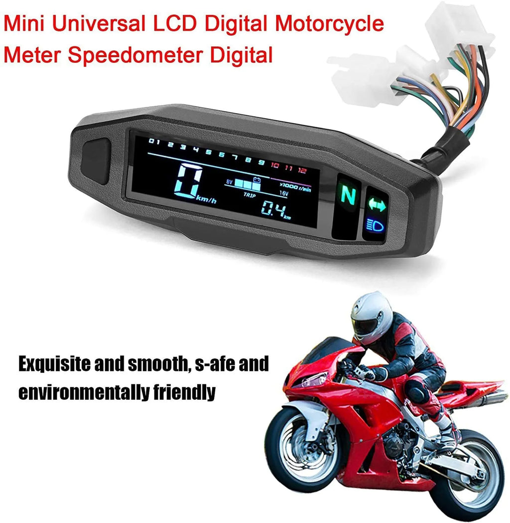 Black motorcycle mini speedometer with LCD display, adjustable oil gauge, and dimensions 141x45mm
