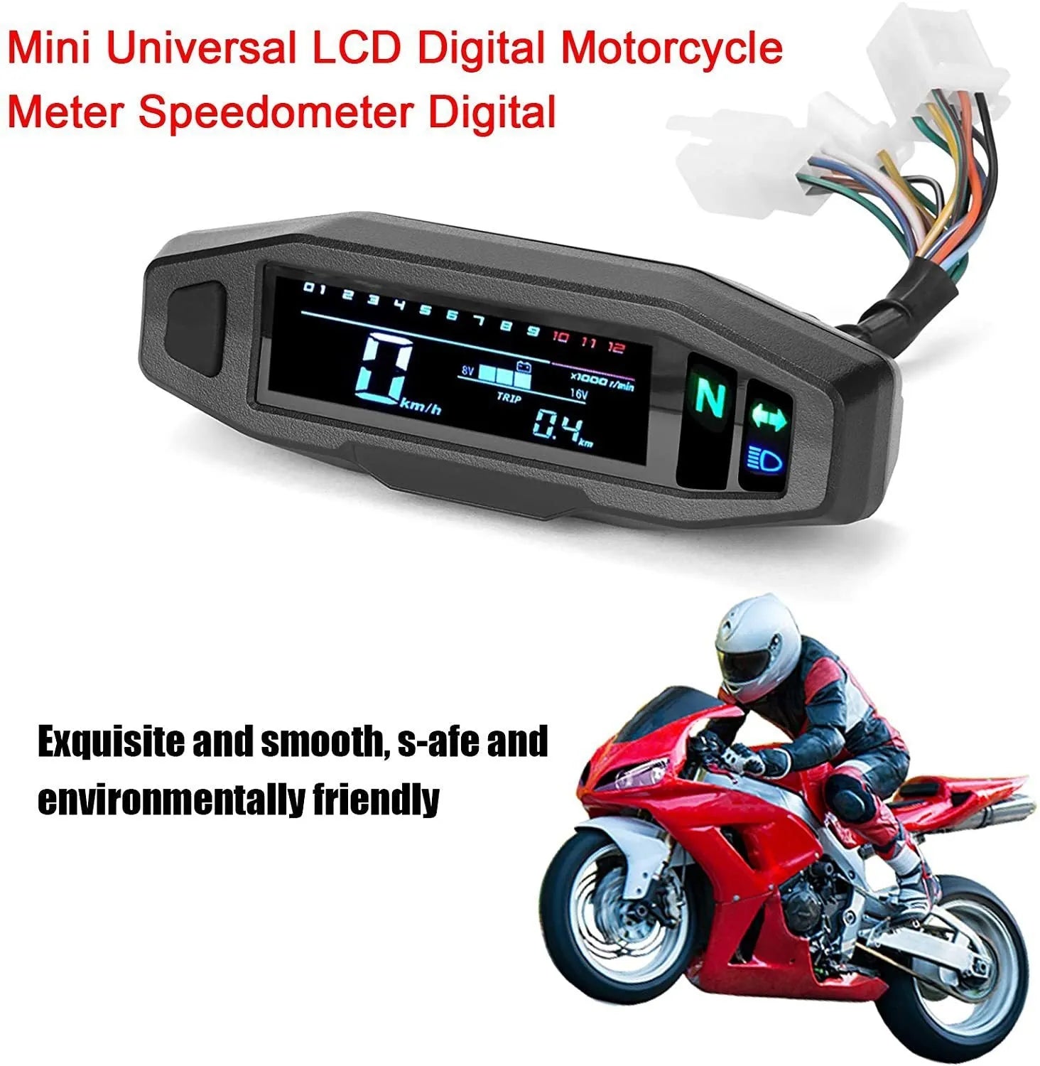 Black motorcycle mini speedometer with LCD display, adjustable oil gauge, and dimensions 141x45mm
