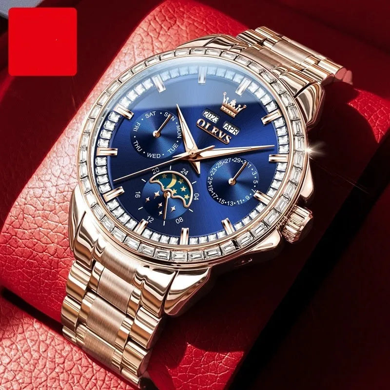 Men's automatic mechanical watch with transparent case back showing movement, stainless steel construction, 13mm thickness