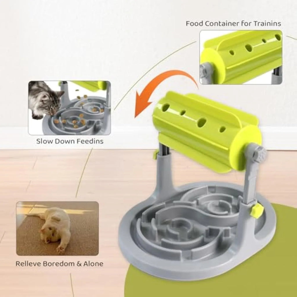 Blue interactive dog and cat food puzzle toy slow feeder bowl with adjustable height mechanism