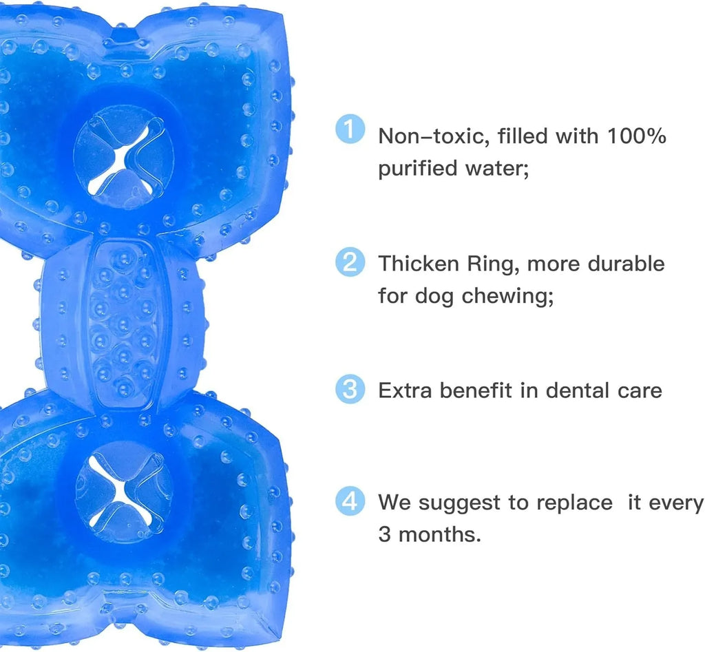 Freezable dog teething cooling chew toy with treat compartment in Bones and Circles shapes