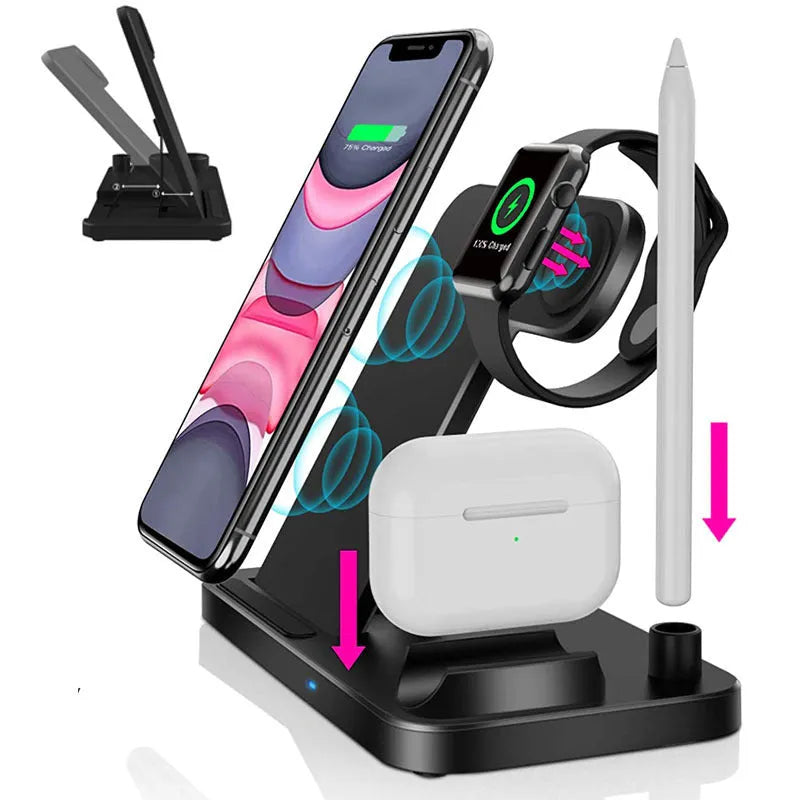Folding 4-in-1 wireless charger in black, showing vertical stand and charging pads for Apple devices