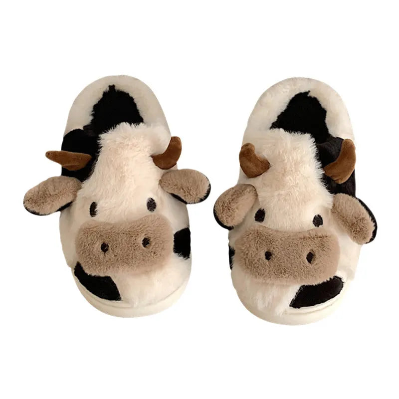 Women's cow slippers with faux fur upper, non-slip PVC sole, and plush lining in white colour