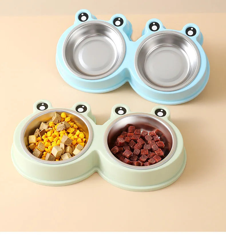 Stainless steel pet feeding bowl with two sections for food and water, in blue colour, measuring 30cm long