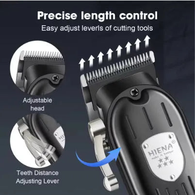 Black professional hair clipper set with foil shaver and USB charging cable on a grey background.