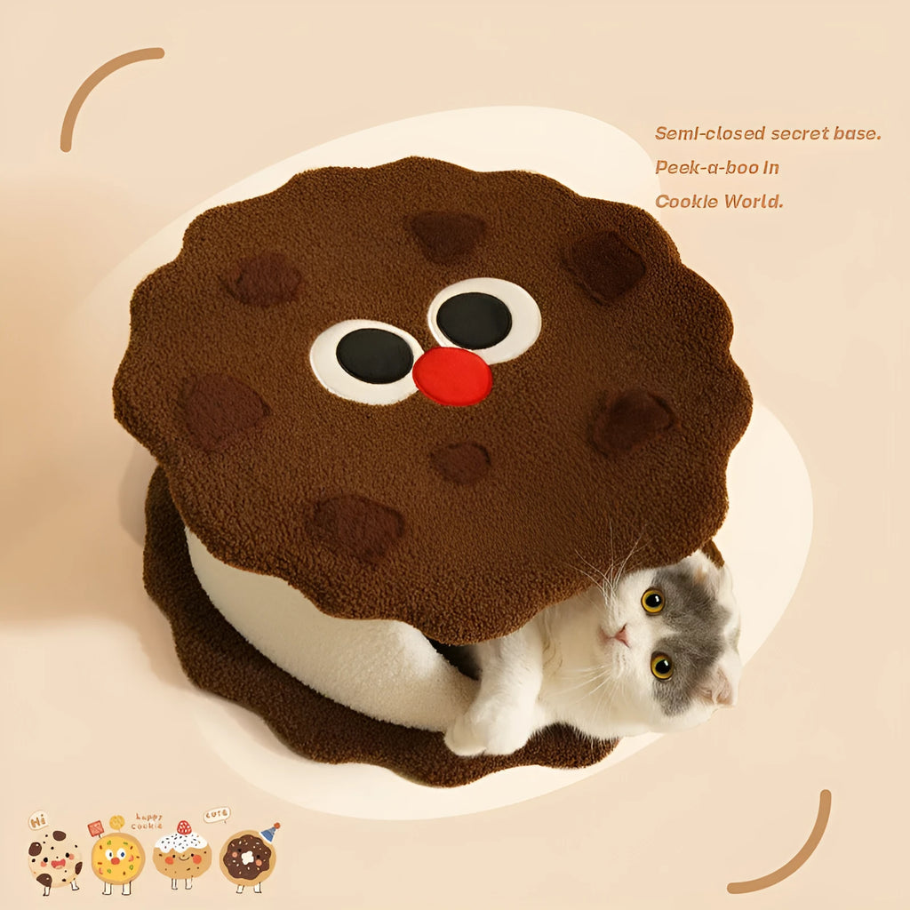 Khaki coloured cat nest bed shaped like a sandwich cookie, showing enclosed house design.