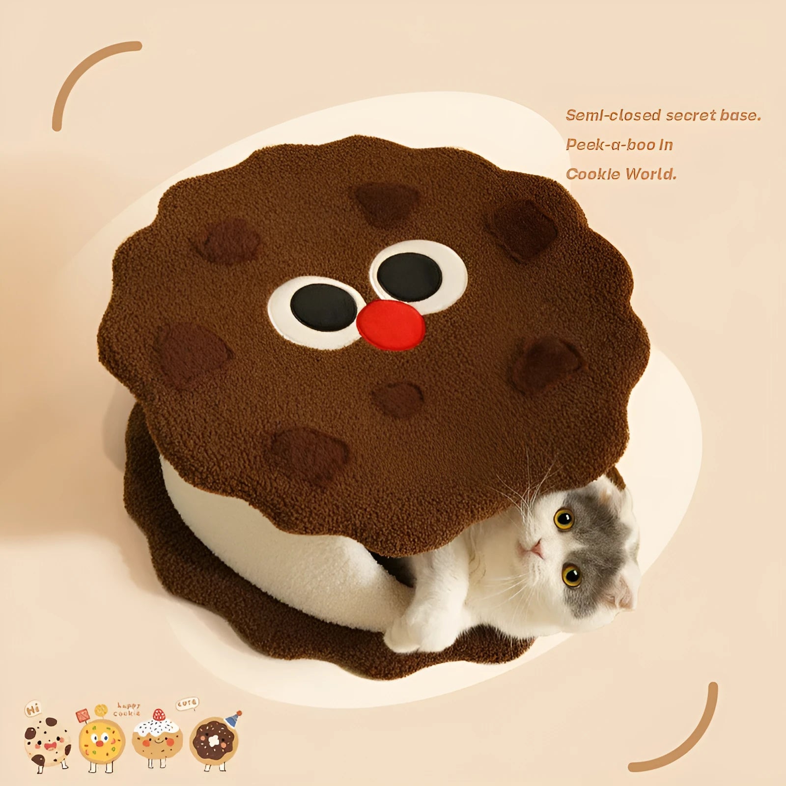 Khaki coloured cat nest bed shaped like a sandwich cookie, showing enclosed house design.
