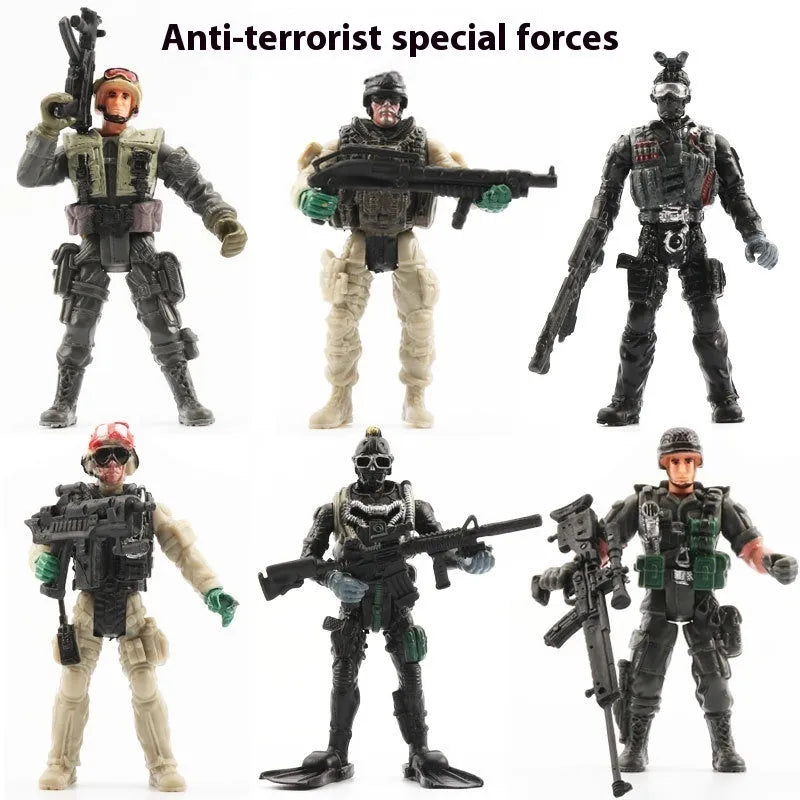 10cm plastic military soldier model with movable joints, shown in anti-terrorism special forces, Flying Tiger, zombie, and Employment Corps options.