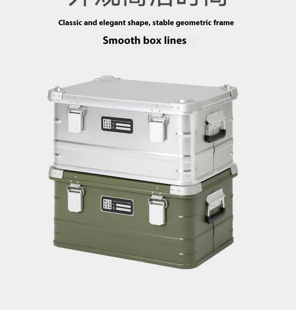 Field green aluminium alloy outdoor storage box with dimensions 58cm by 38cm by 28cm.