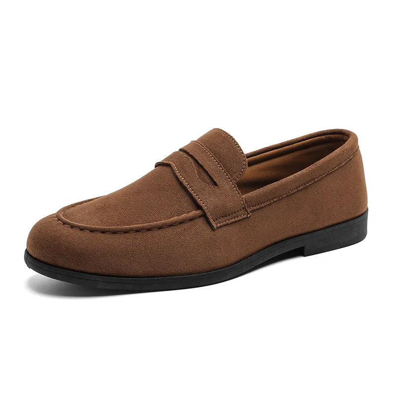 Men's square toe slip-on loafers in black velvet, dark blue, or dark brown, with low 1-3cm heel and platform sole.