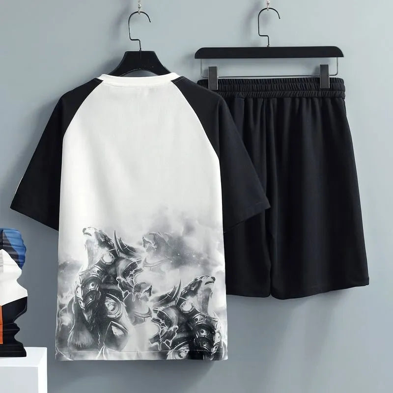 Men's casual sports set with short sleeve T-shirt and shorts in polyester, available in black or green