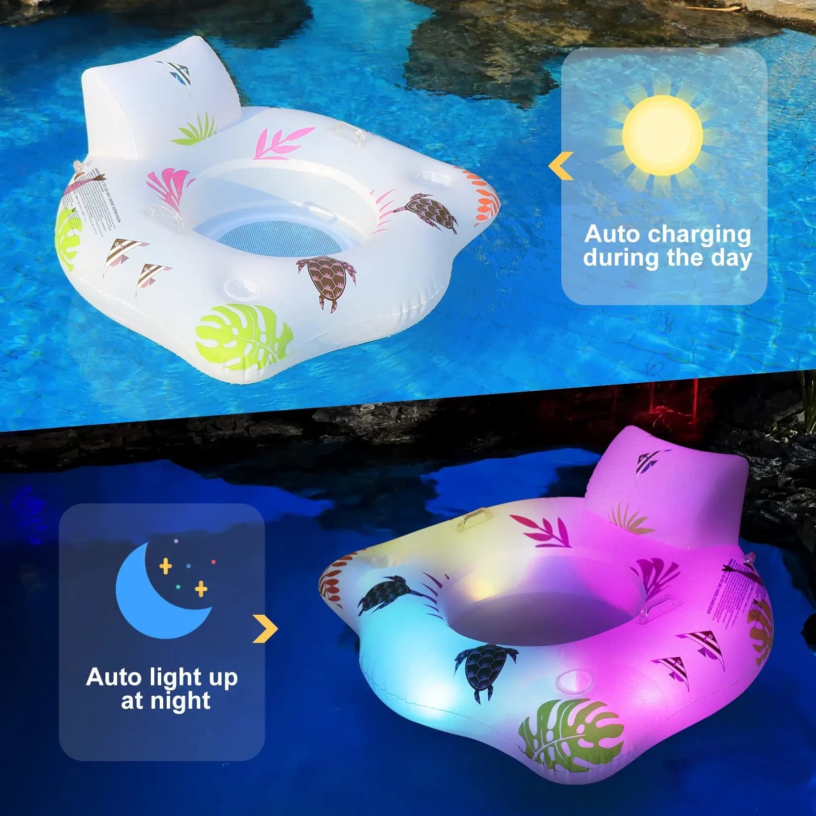 White U-shaped inflatable pool float with LED lights, measuring 120x120cm